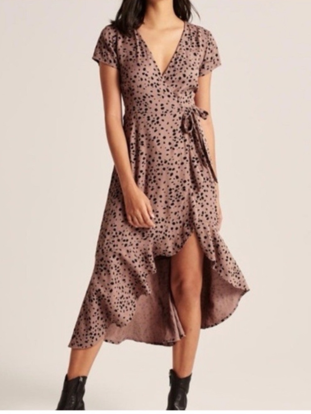Abercrombie & Fitch Mauve Polka Dot Animal Print High-Low Wrap Dress
